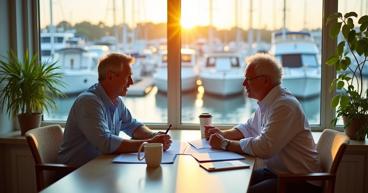 Buyer signing boat loan papers at marina office 