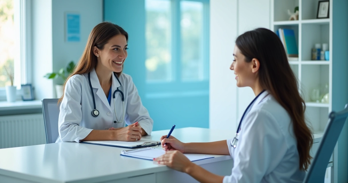 Woman consulting with a female doctor in a bright modern clinic, doctor holding a clipboard, both discussing a health issue calmly, light blue and white setting. 
