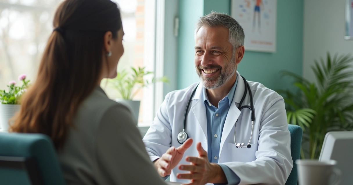 Médico conversando de manera empática con paciente en consulta