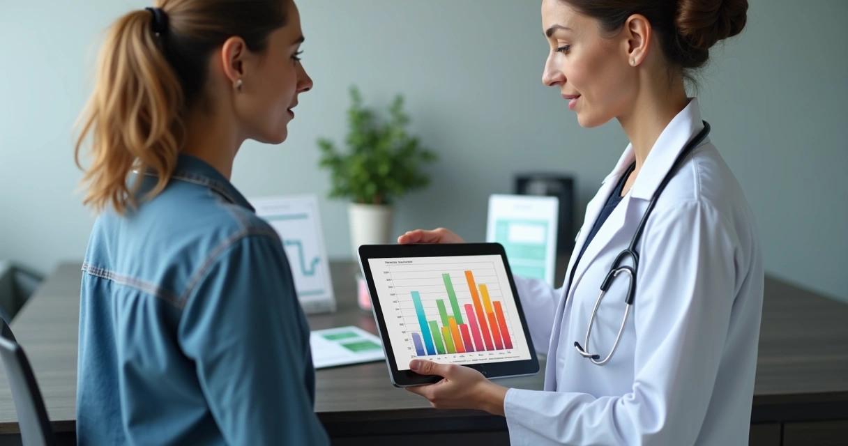 Doctor and patient reviewing a BMI chart on a tablet