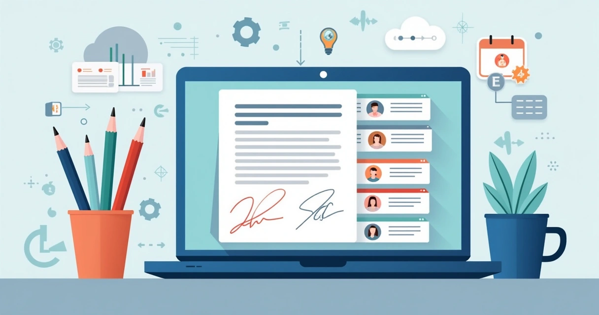 Automated document tracking and approval notifications on laptop screen 