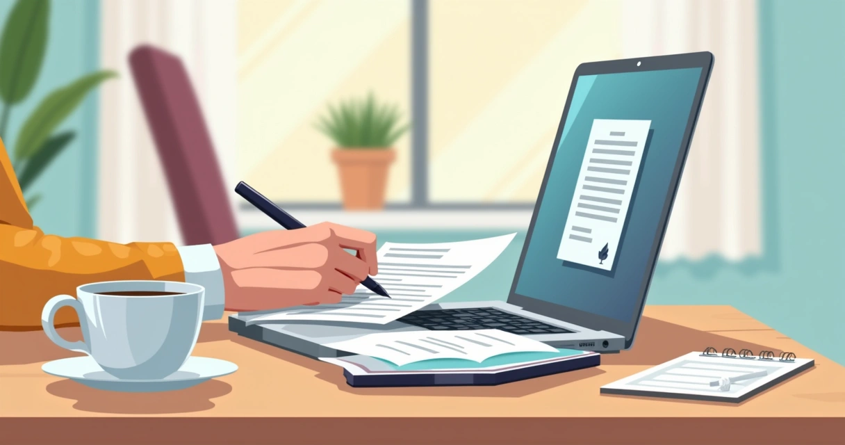 Person signing a document digitally on a laptop, smartphone nearby, cup of coffee on the table