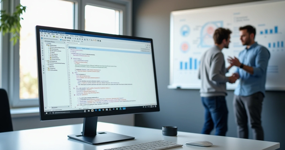 Página de documentação técnica para API bancária, com computador mostrando códigos e fluxos de autenticação 