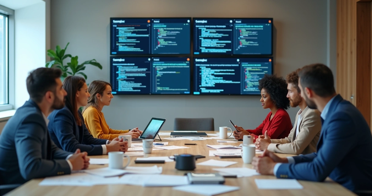 Equipe reunida analisando documentação de APIs em telas grandes, discutindo integrações 