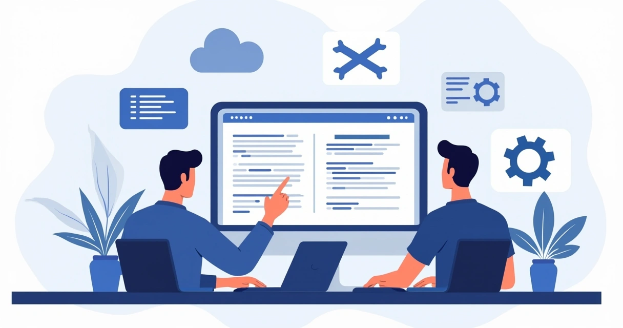 Ilustração corporativa mostrando desenvolvedores criando documentação para API SaaS em computador com elementos de código e nuvem ao fundo 