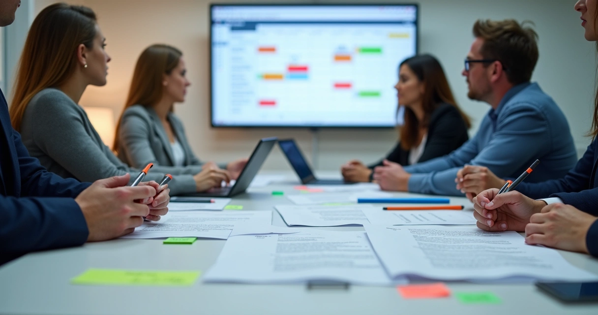 Equipe revisando documentação de aprovação de projeto