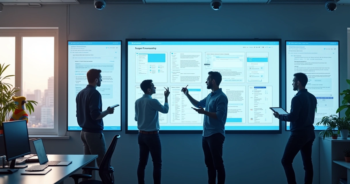 Equipe organizando documentos digitais em computadores 