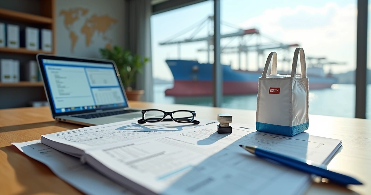 Mesa de escritório com dossiê de documentação para exportação ao lado de modelo de big bag em miniatura 
