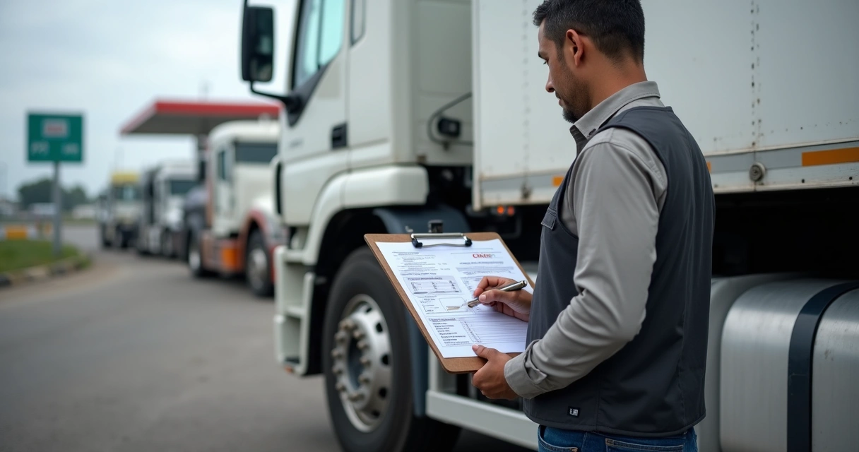 Caminhoneiro conferindo checklist de documentação ao lado do caminhão 