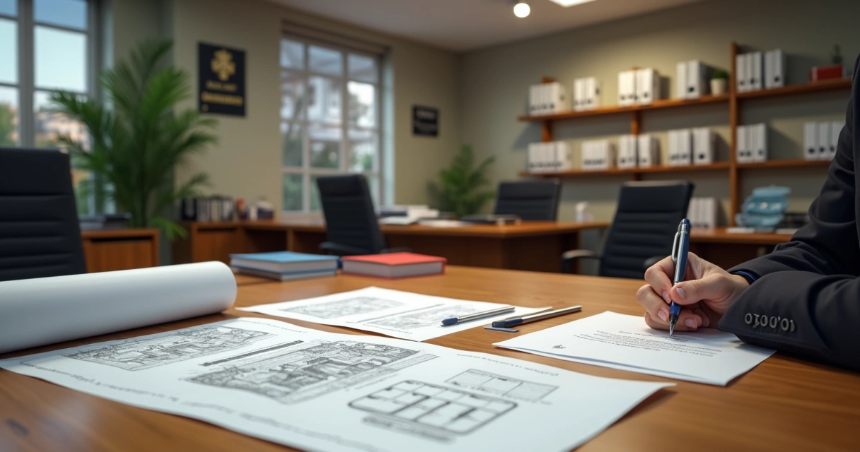 Documentos e plantas de imóvel sendo conferidos em um cartório 