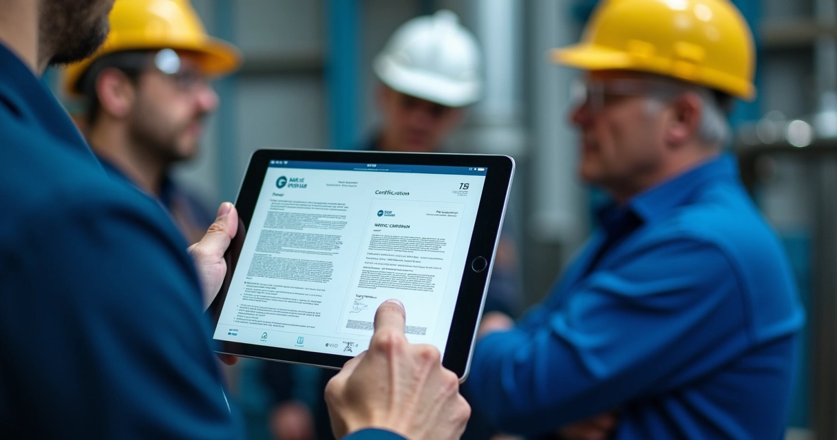 Gestor mostrando documentação e certificados NR-13 em tablet para equipe 