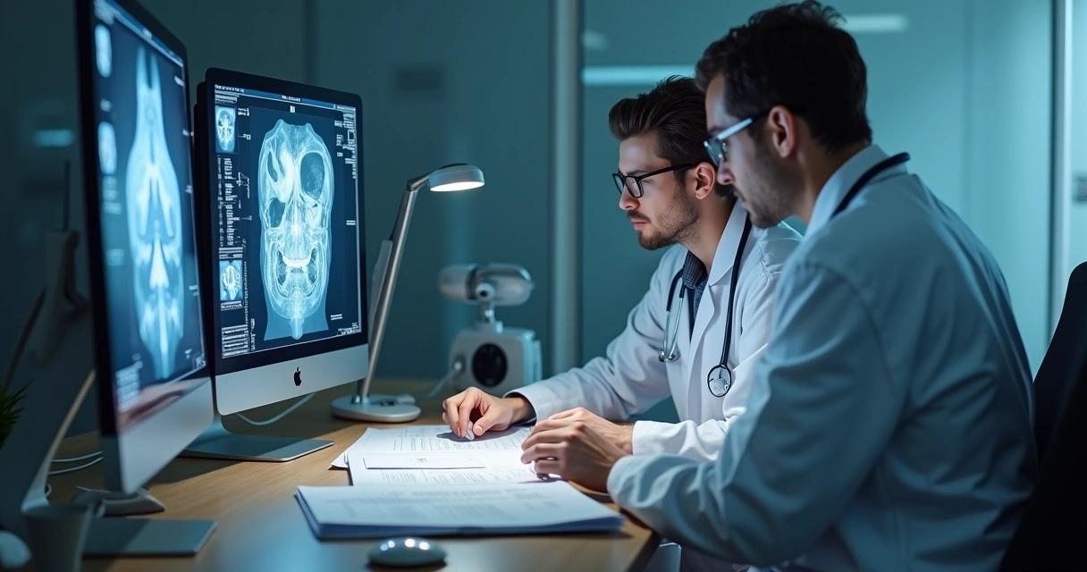 Equipe médica analisando documentação para cirurgia reparadora 