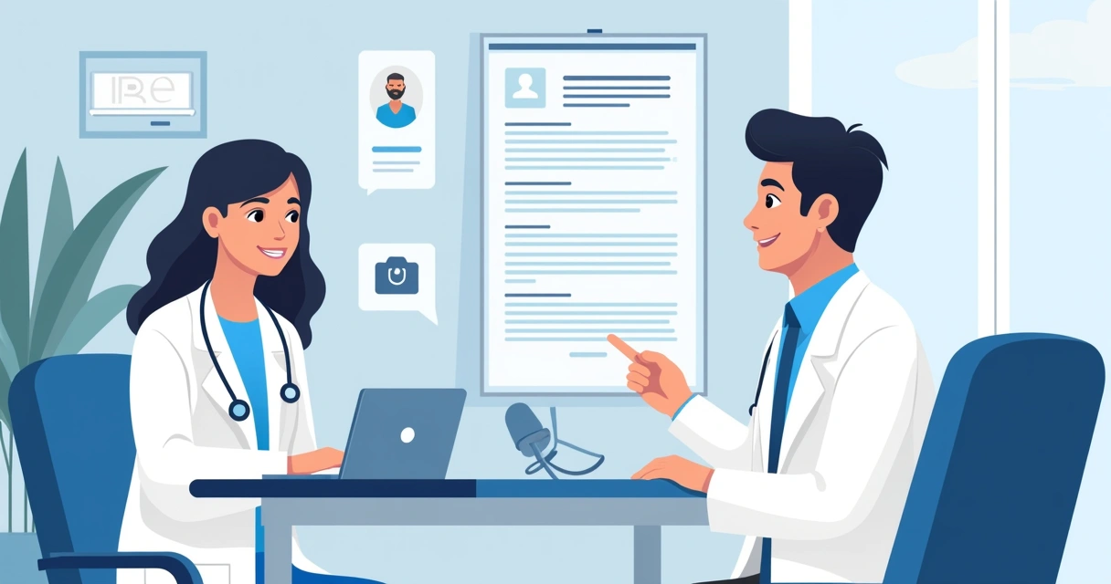 Médico olhando para tela com transcrição clara de consulta 