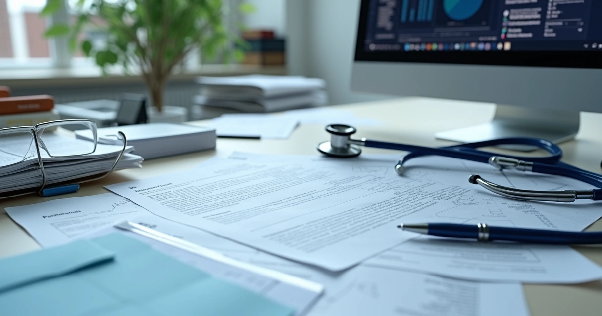 Prontuários e registros médicos detalhados em uma mesa de consultório. 