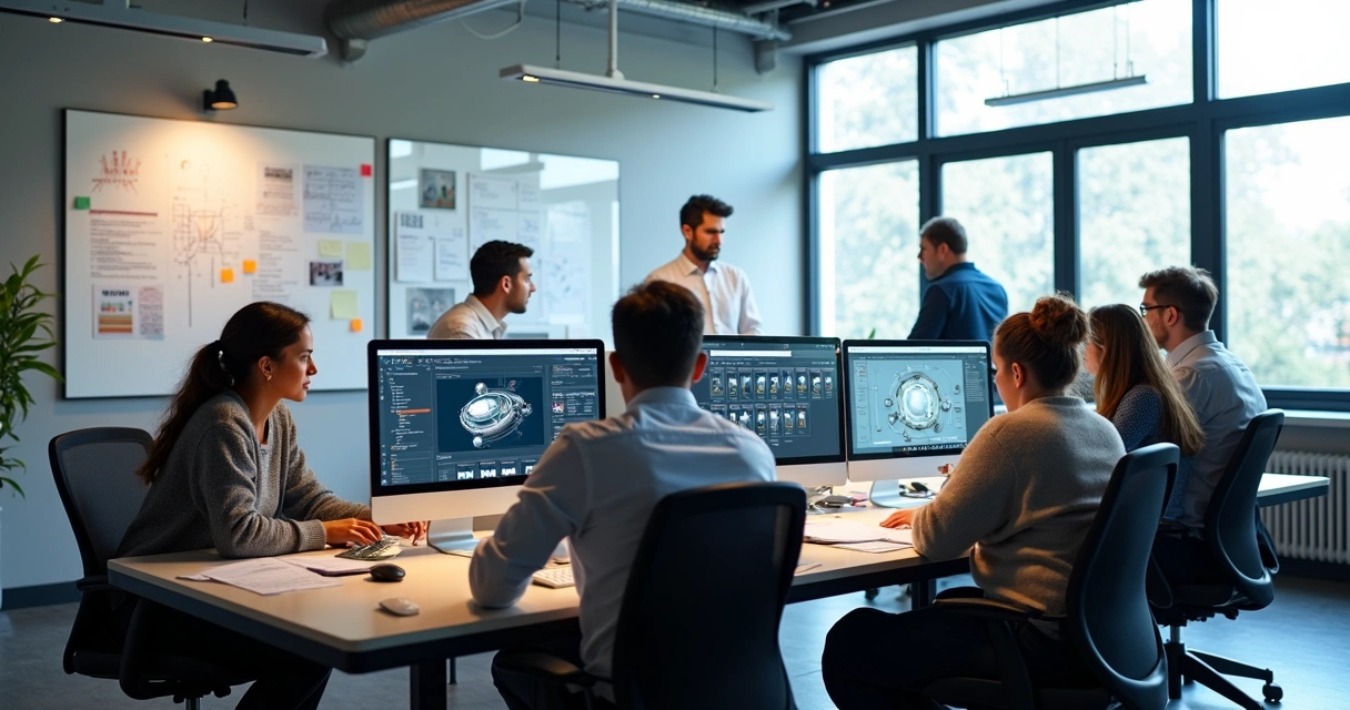 Equipe reunida criando documentação colaborativa de interface digital 