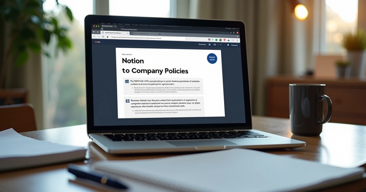 Página de documentação empresarial Notion com carimbo de compliance 