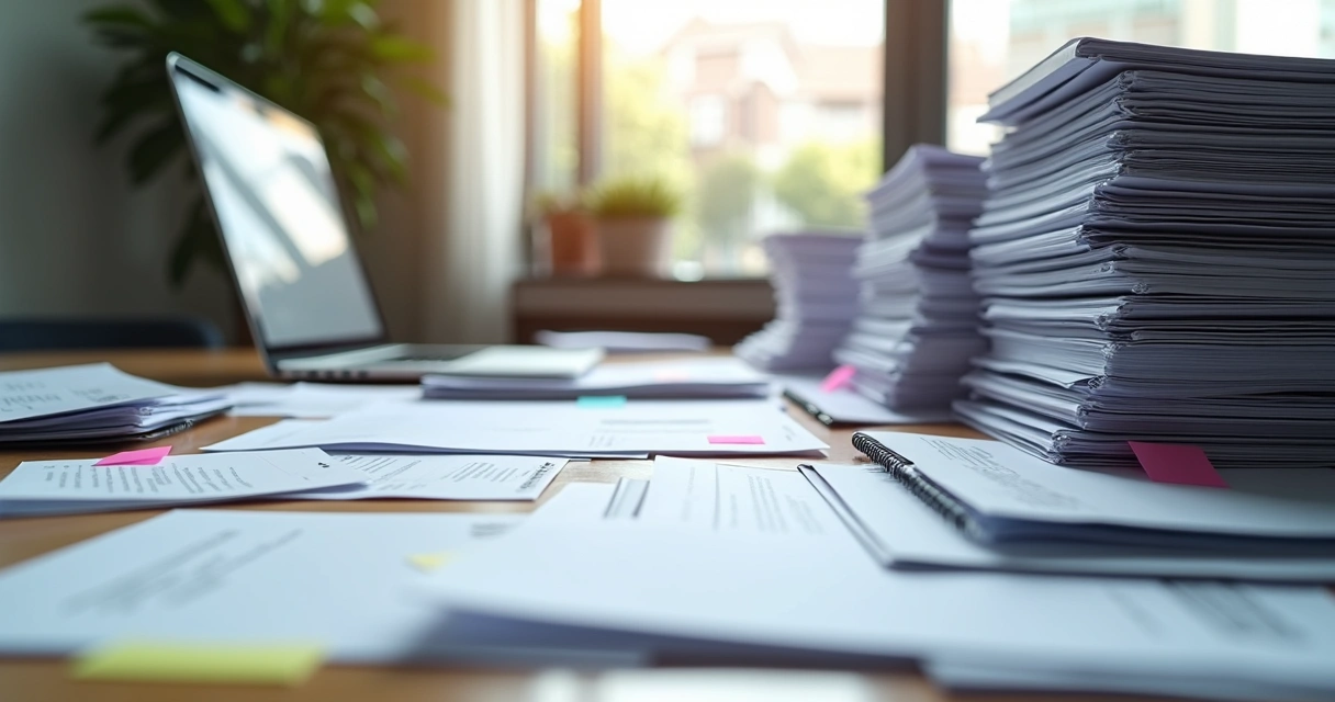 Pilha organizada de documentos condominiais em cima de mesa de escritório 