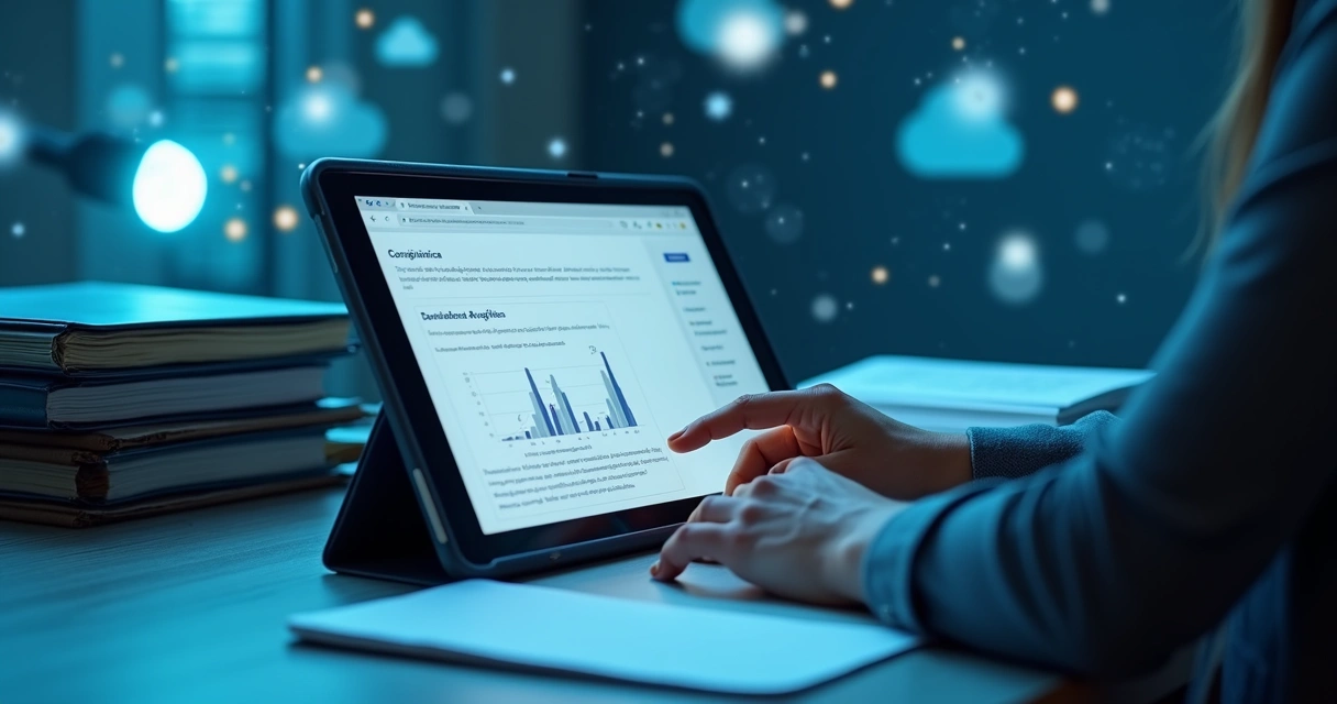 Professional analyzing digital documentation with charts on screen