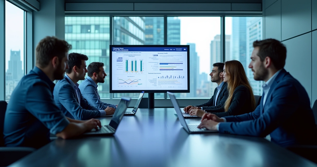 Equipe de TI digitando documentos digitais em notebooks em uma sala de reuniões.