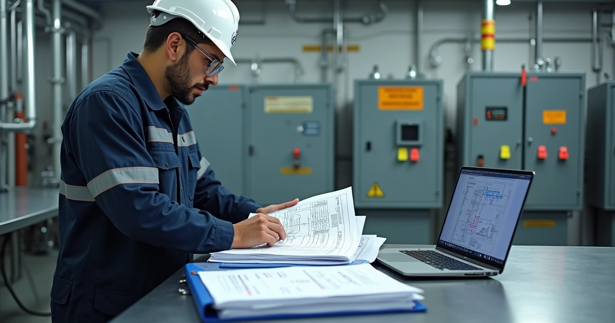 Engenheiro conferindo documentação técnica da instalação elétrica industrial 