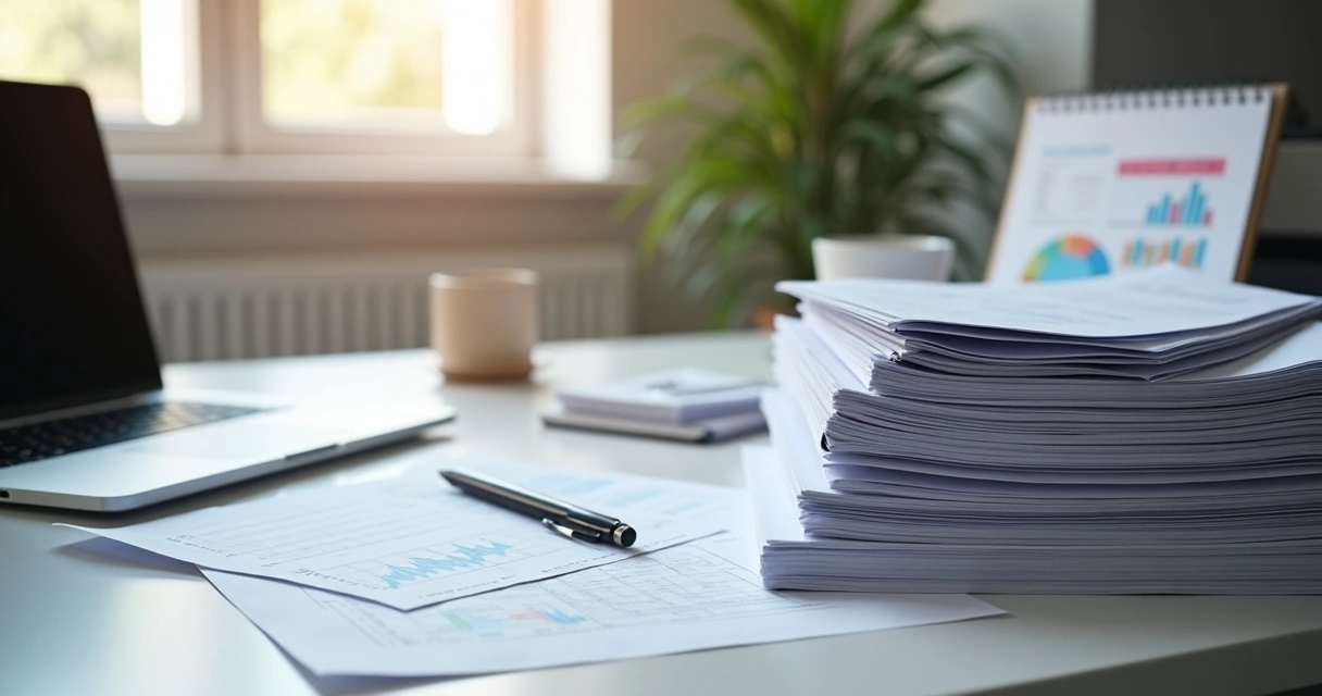 Mesa de escritório com documentos empresariais organizados, calendário de prazos marcado e laptop aberto mostrando planilha 