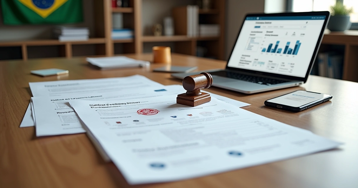 Mesa com documentos de fintech, laptop e carimbo de aprovação do Banco Central 