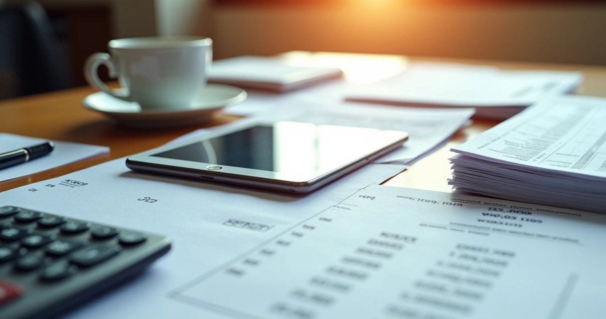 Documentos fiscais e contratos de aluguel organizados na mesa 