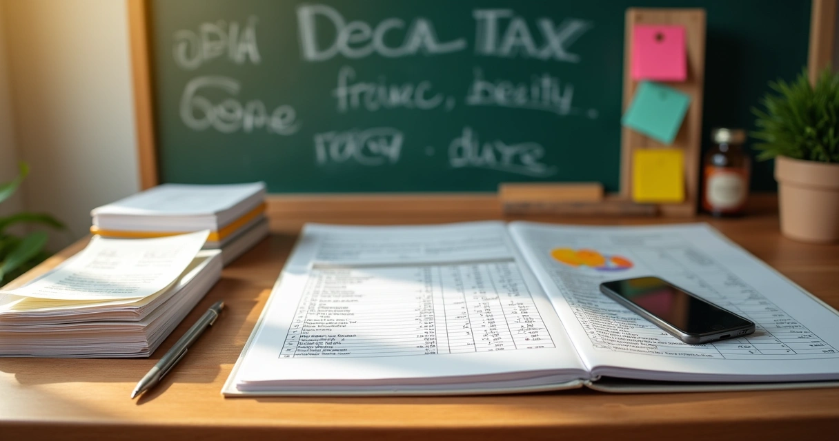 Espaço de trabalho com documentos fiscais organizados, incluindo recibos e declarações de impostos.