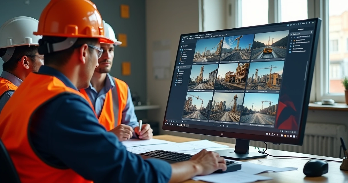 Time de inspeção conferindo imagens de obra em computador 