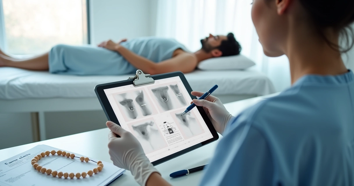 Médico registrando fotos de exame de orquidometria em tablet com paciente coberto por lençol e rosto fora de foco 