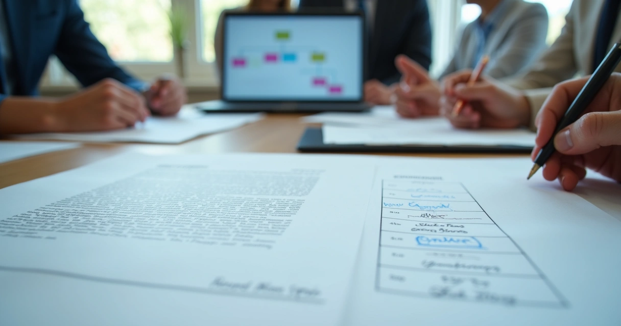 Ata de reunião detalhada com assinaturas, mesa de conselho e laptop ao fundo