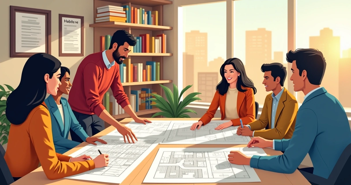 Grupo diverso de pessoas discutindo documentação de construção com plantas e documentos em uma mesa.
