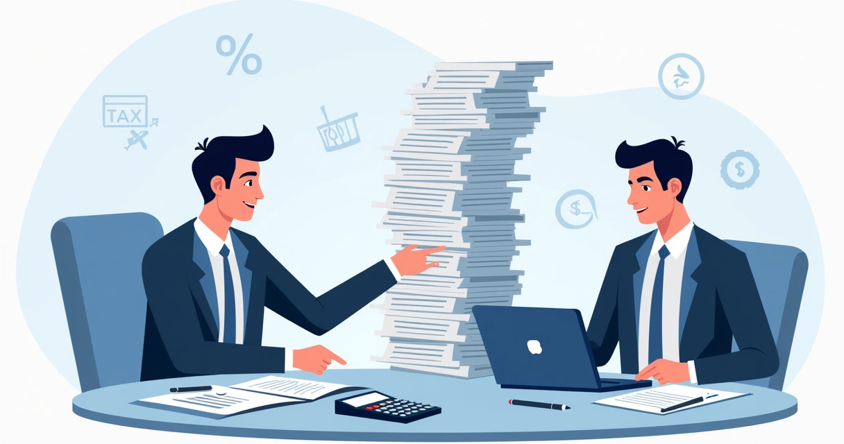 Pilha de documentos fiscais sendo analisados por duas pessoas sentadas à mesa 