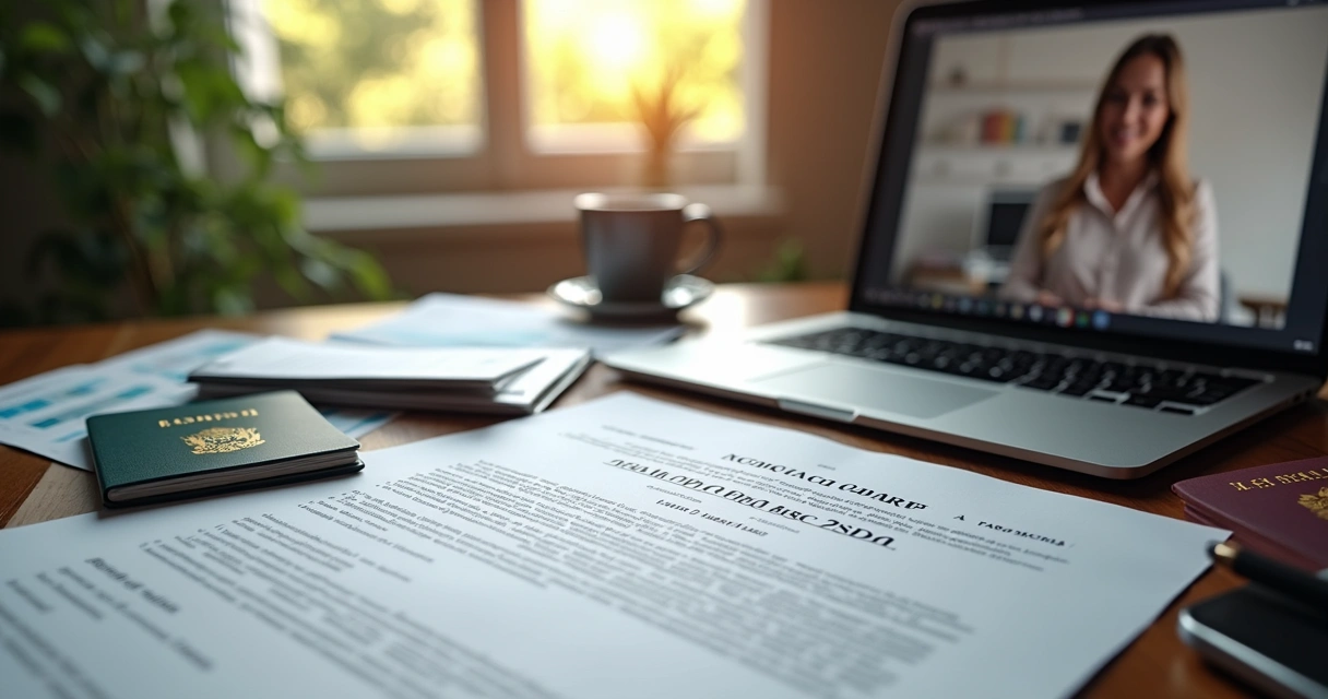 Documentação de compra de imóvel nos EUA com passaporte, contratos e planilhas financeiras em mesa 