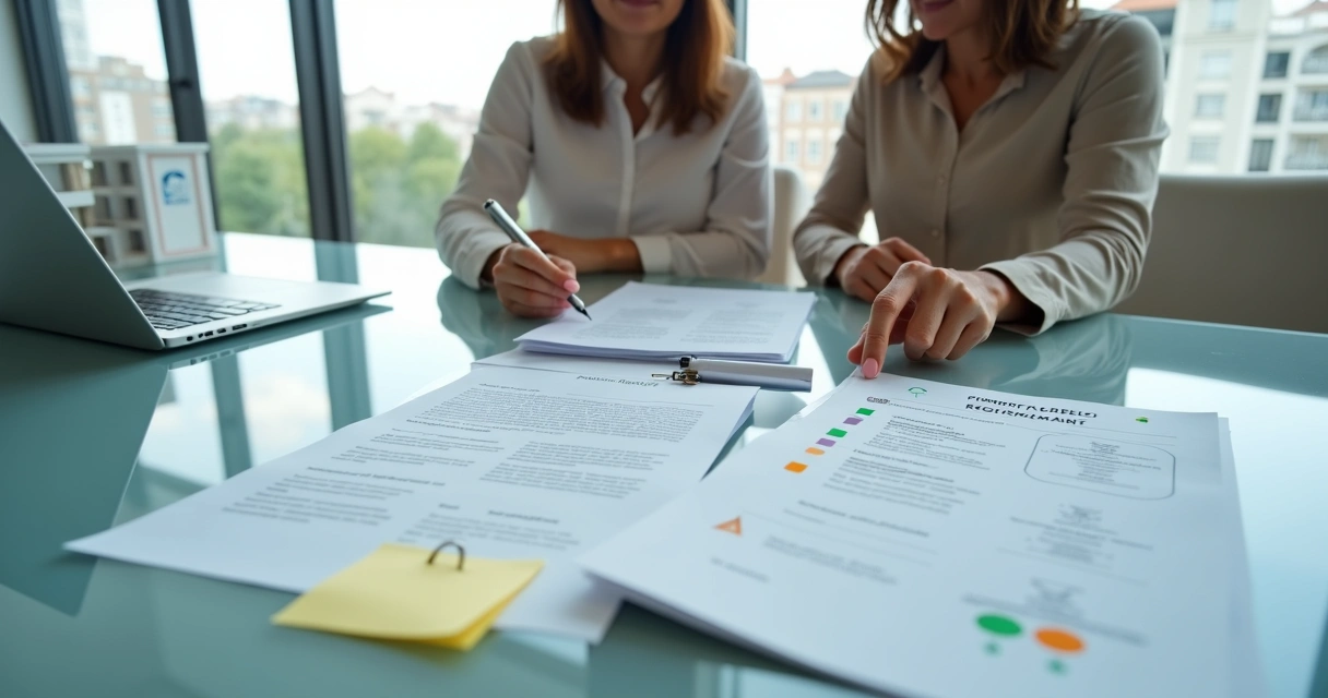 Corretora e proprietária revisando checklist de documentação do imóvel sobre mesa de vidro 