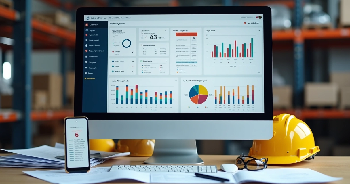 Documentação digital organizada com fluxo de aprovação, tela de computador com dashboard e gráficos 