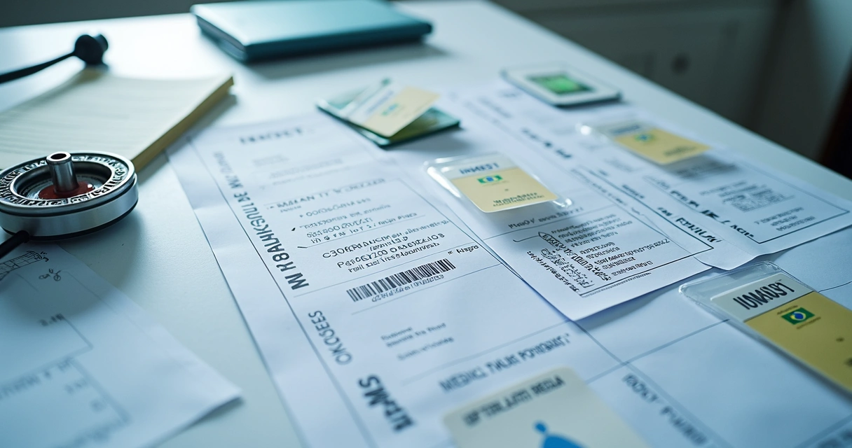Laudos e documentos médicos organizados sobre mesa