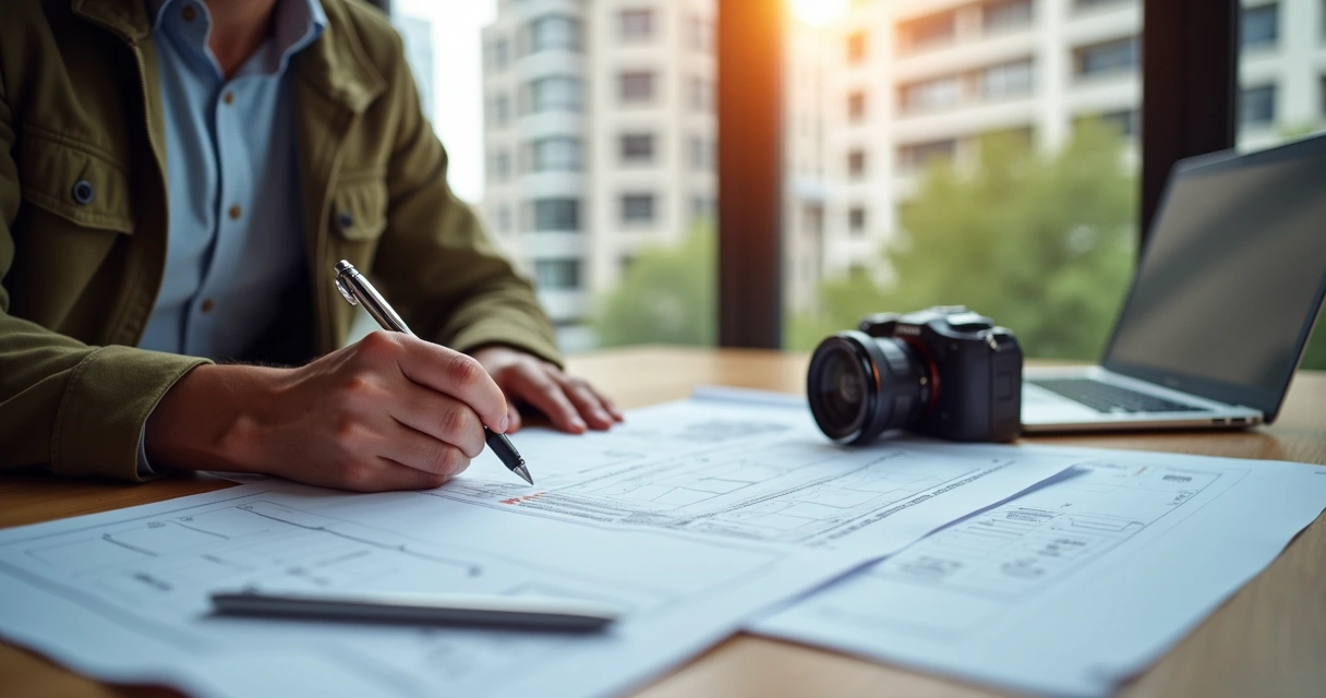 Profissional preenchendo laudo de vistoria em mesa com documentos 