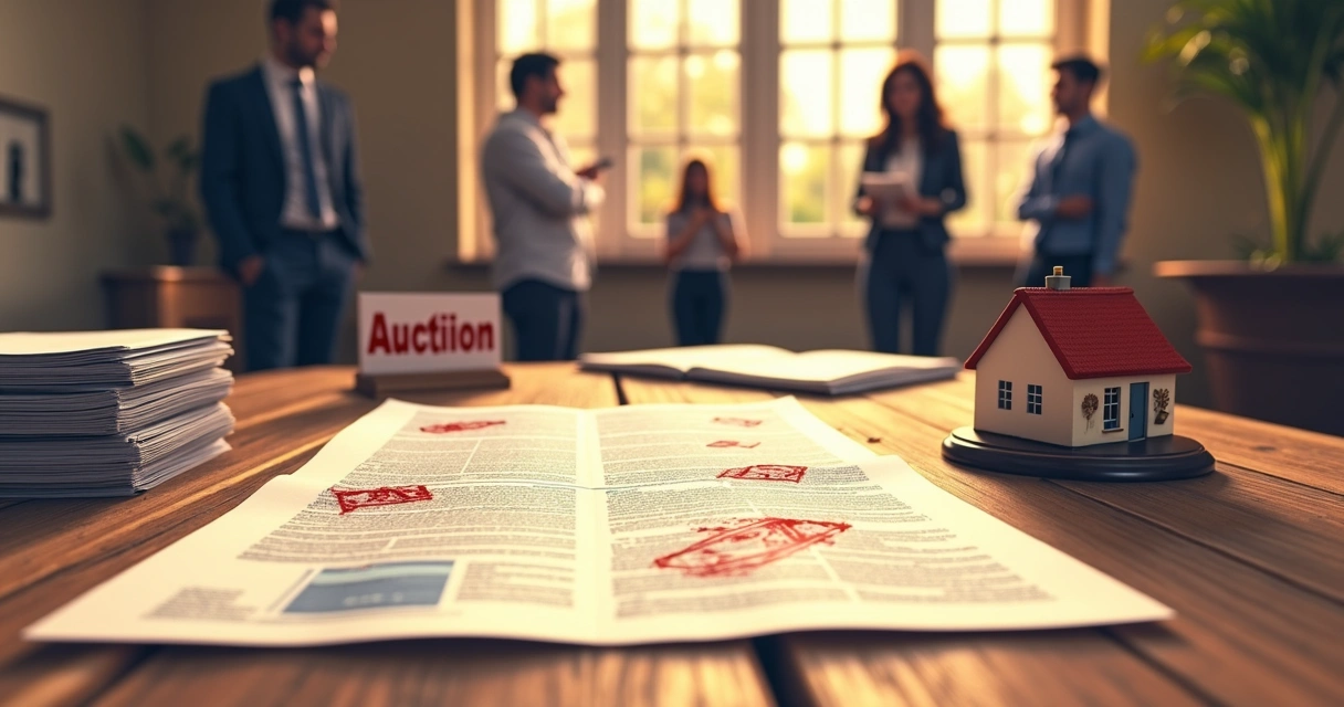 Representação visual de documentos com problemas, papéis, carimbos e uma casa em leilão. 