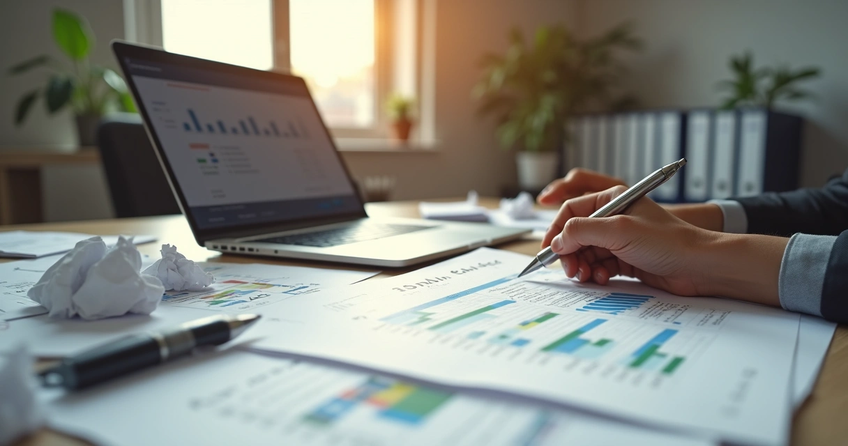 Mesa de escritório com documentos amassados e anotações, computador aberto mostrando planilha, e pessoa revisando papéis 