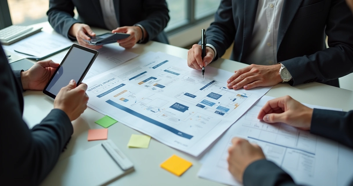 Profissionais revisando manual interno em ambiente de trabalho colaborativo 