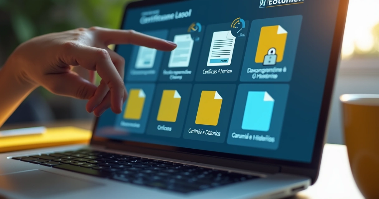 Organização digital de documentos de manutenção em tela de notebook 