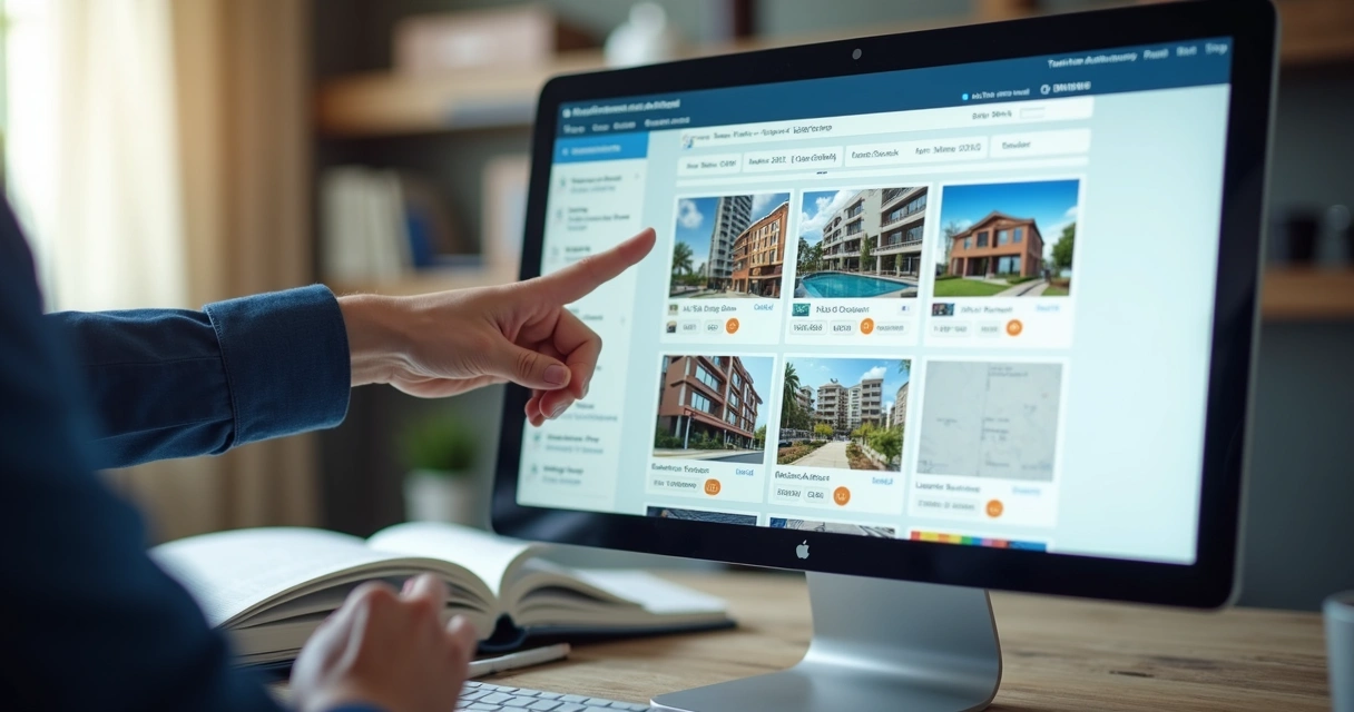 Tela de computador exibindo histórico digital de manutenções em empreendimento imobiliário, com fotos e ART anexadas 