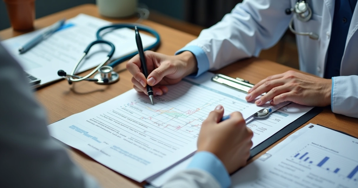 Médico escrevendo prontuário em uma mesa com computador e documentos 