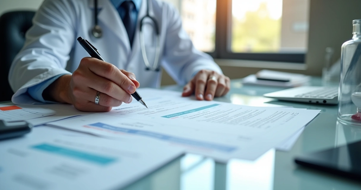 Prontuários médicos e documentos em uma escrivaninha 