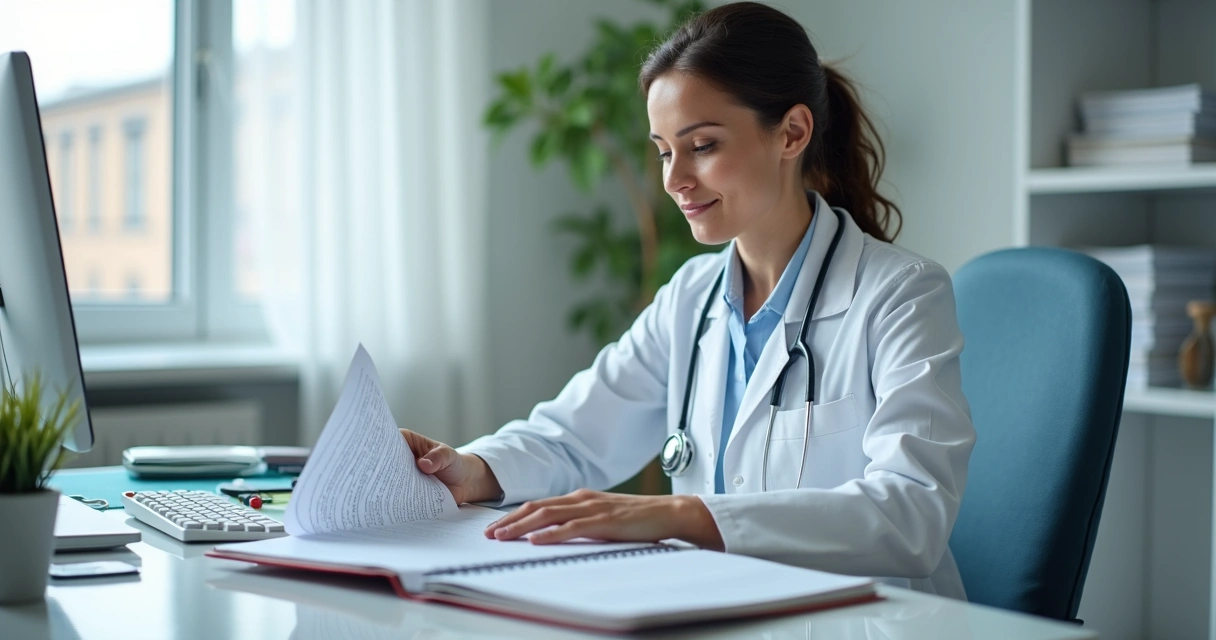 Médico organizando prontuários em clínica