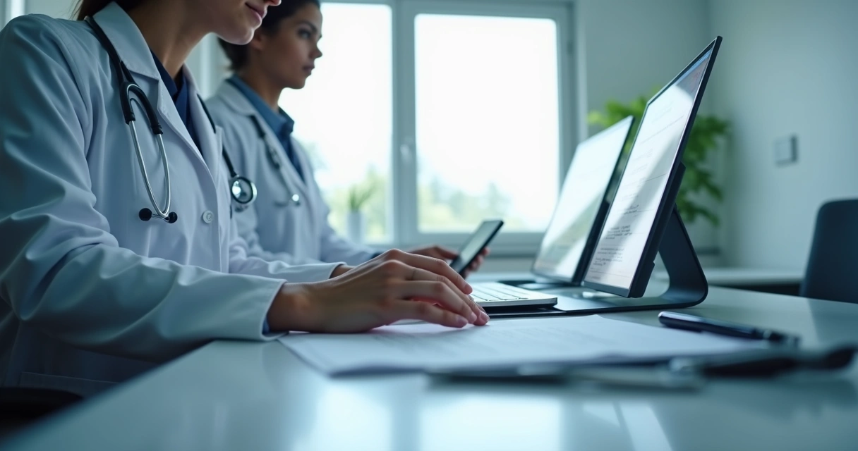 Profissional em consultório digitando informações no computador sobre paciente em sistema eletrônico