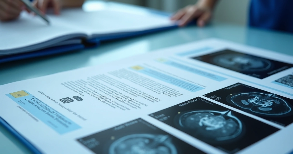Papelada médica organizada com exames de ressonância magnética ao fundo. 