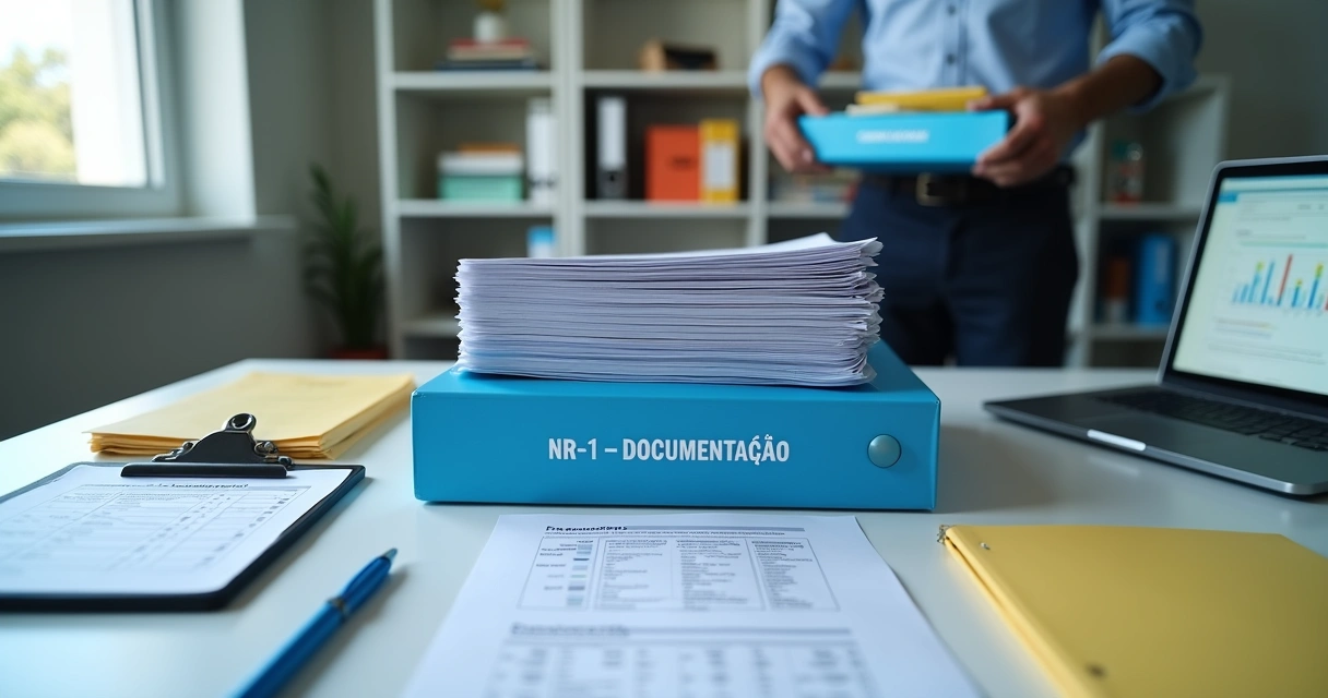 Mesa de escritório com pasta de documentos da NR-1 organizada para fiscalização surpresa 
