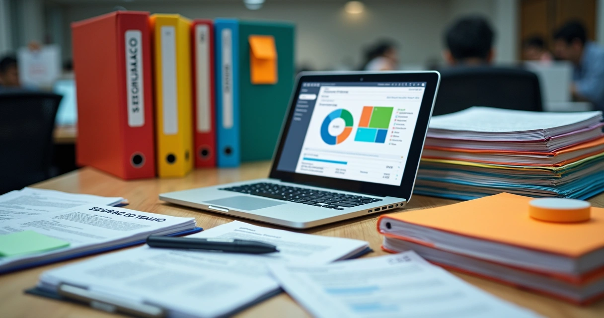 Pasta organizada com documentos de segurança do trabalho e planilhas de riscos ocupacionais 